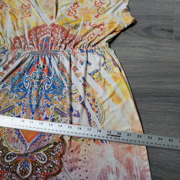 Y2K Fairy Witch Dress Women XL Multicolor Boho Midi Paisley Print Rhinestone TDV - Picture 8 of 10